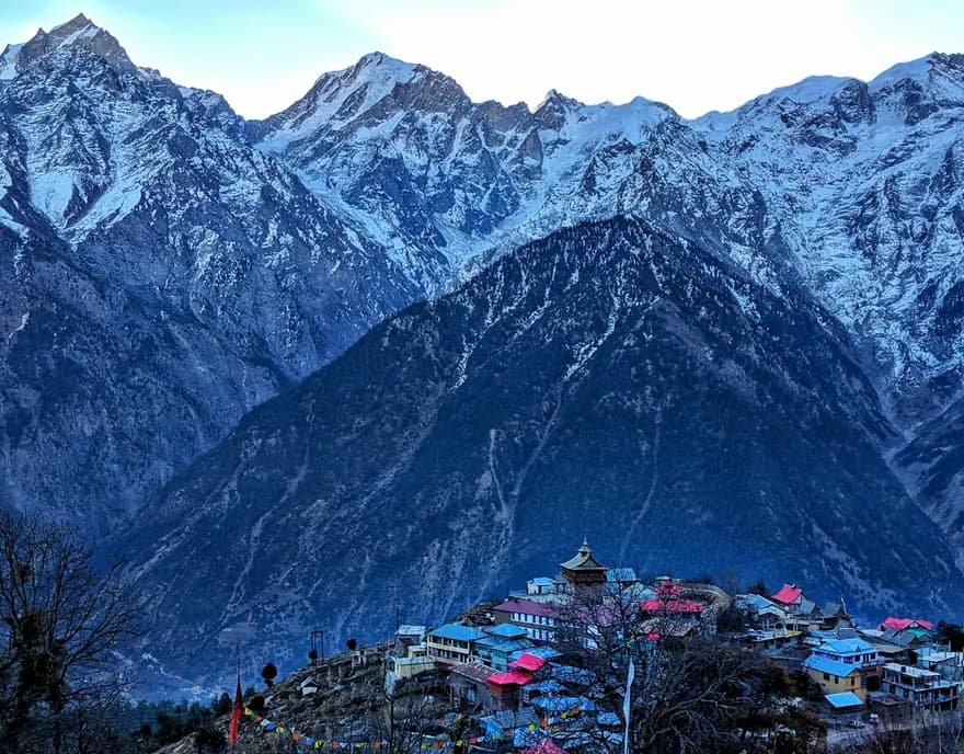 Snow-capped peaks above a village near Kalpa, Himachal Pradesh